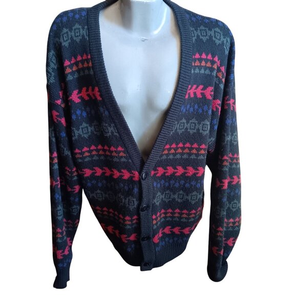 XL 80s Vintage Graphix Cardigan Sweater Ugly Geometric Pattern Black Cosby - Picture 2 of 7